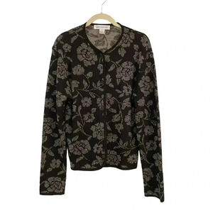 Jones New York Black Dark Floral Sweater Cardigan Size Medium Stretch Vintage